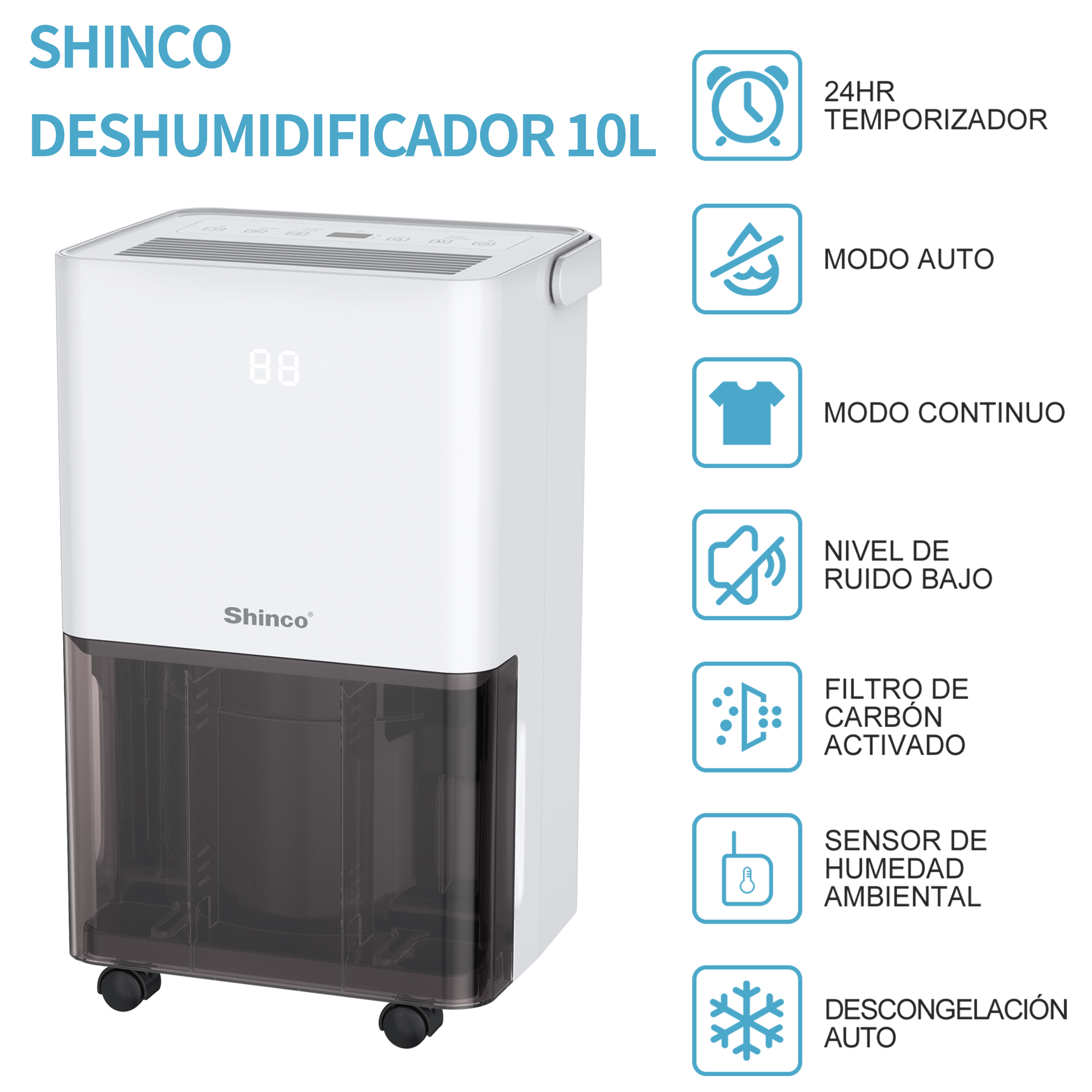 SHINCO Deshumidificador de Aire Silencioso 10L/Día, Para Máximo de 15㎡,  Función de Deshumidificación, Purificación, Secado de Ropa, Temporizador de  24 horas, Tanque de Agua Transparente : .es: Hogar y cocina